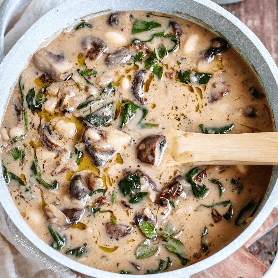 Creamy Mushrooms with Sun-Dried Tomatoes, Spinach and White Beans