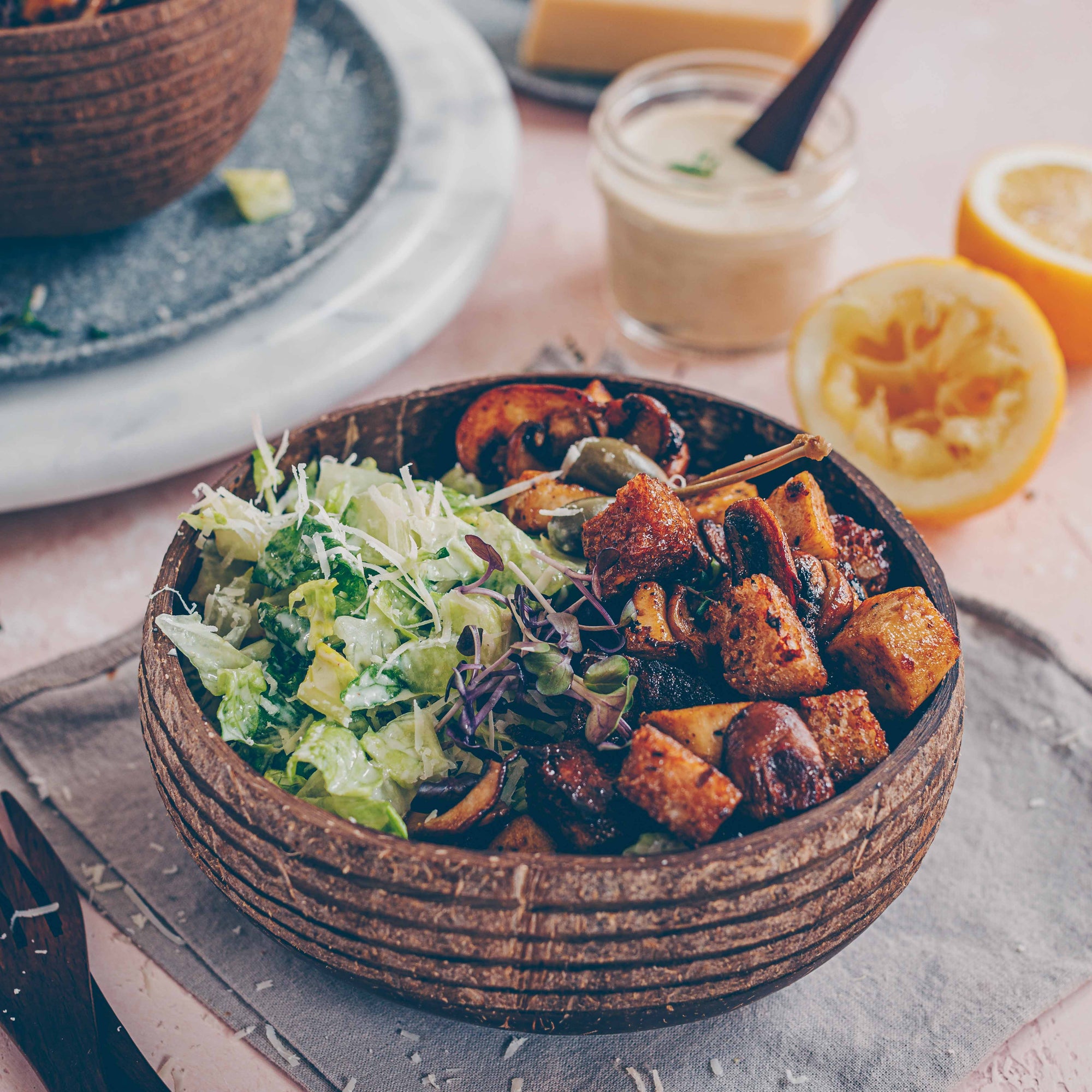 Caesar Salad with Crispy Mushrooms and Tofu