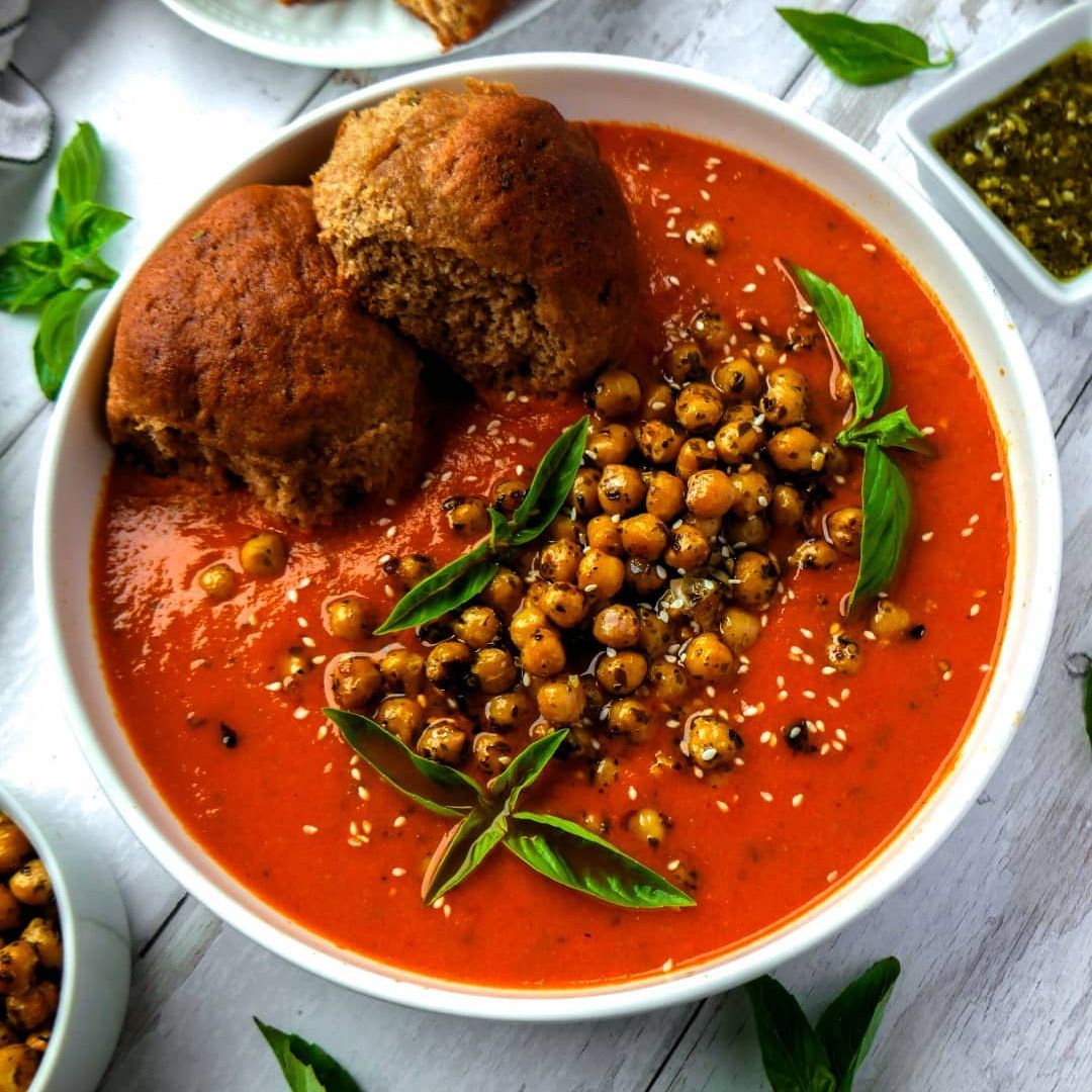 Roasted Tomato and Bell Pepper Soup with Crispy Basil Pesto Chickpeas