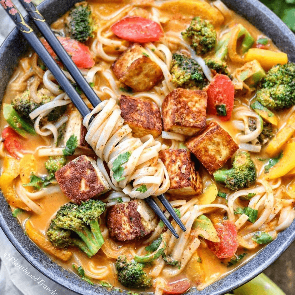 Red Curry Noodle Soup with Crispy Tofu