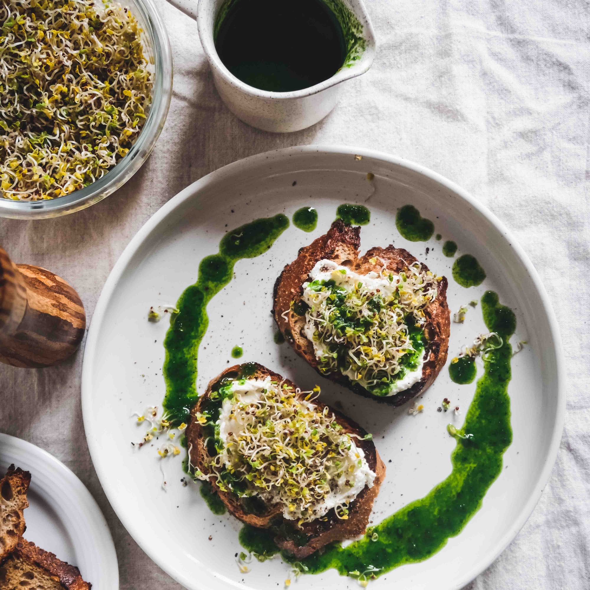 Parsley Lemon Dressing with A Classic Cream Cheese and Sprouts Toast